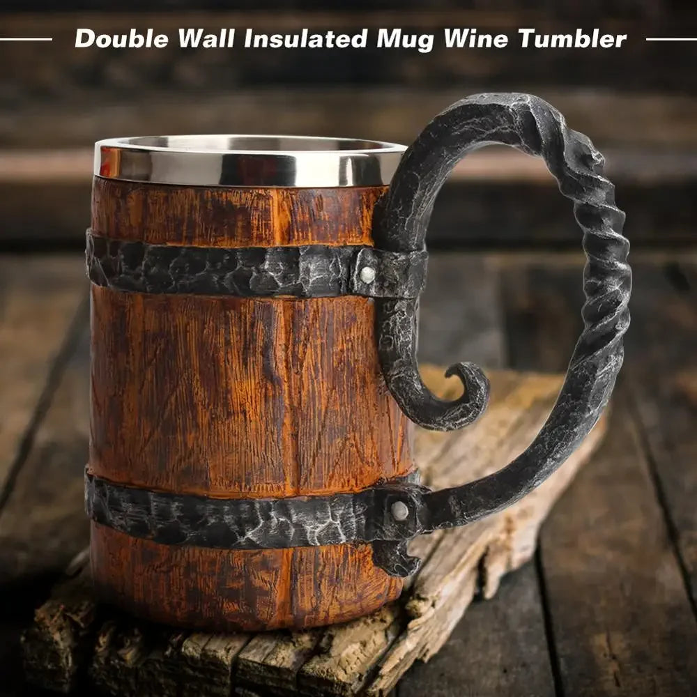 Rustic Viking Barrel Beer Mug - Double Wall Insulated Drinking Cup